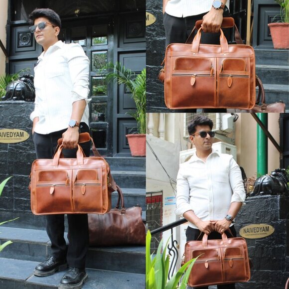 Men's Genuine Leather Vintage Weekender Bag, Briefcase Bag Satchel, Tan